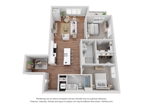 The B2 is 2 Bed, 2 Bath at 1,310 Sq. Ft.
From the entry door, to the left is a closet and bedroom with an attached bathroom. Straight ahead is the open kitchen, followed by the dining and living area with a patio. From the entry door, to the right is the second bathroom, washer/dryer closet, and second bedroom.